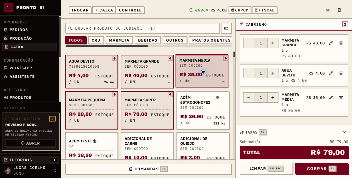 PDV do Pronto aberto no computador com produtos, estoque, carrinho e total da venda